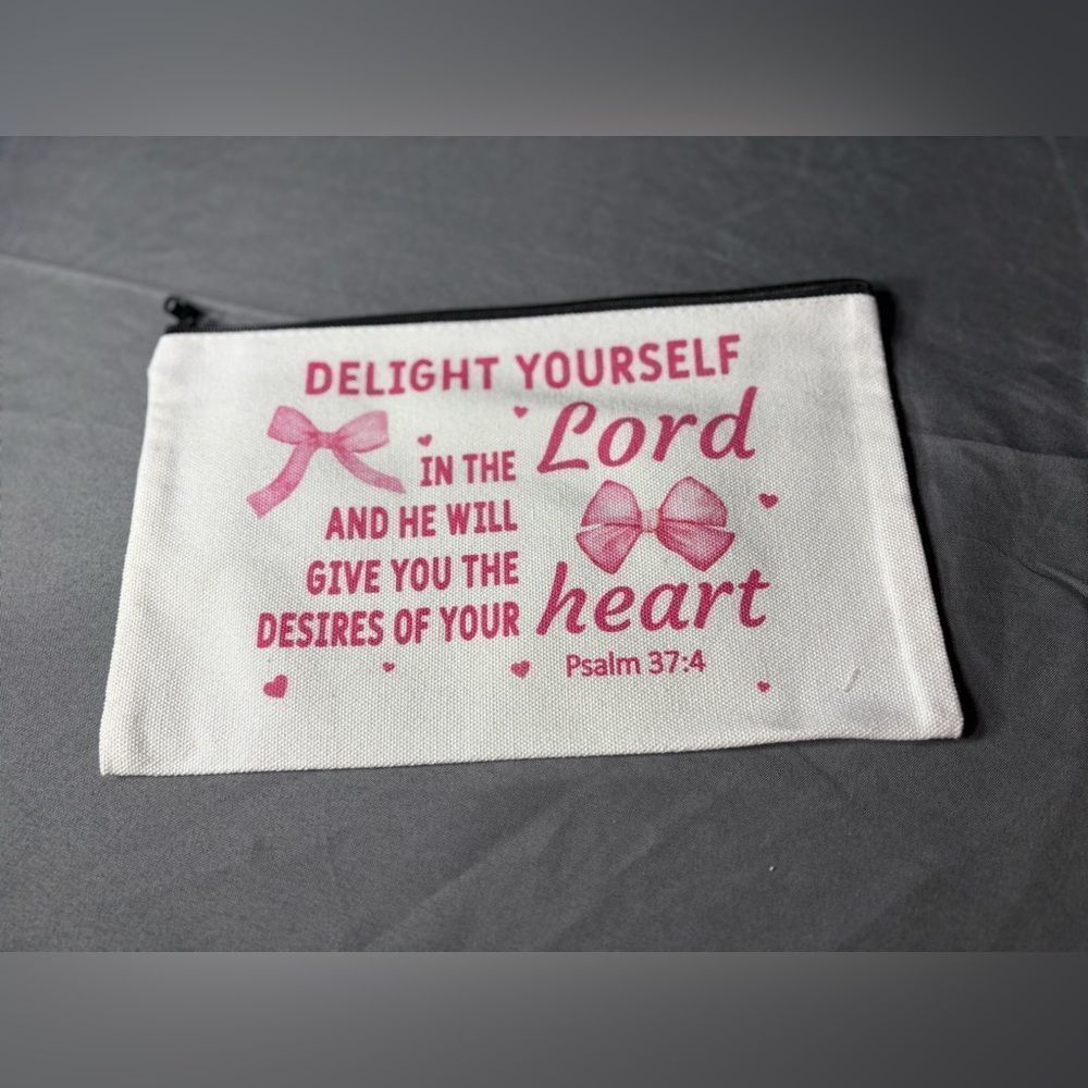 New White Canvas Zipper Pouch with Pink Script & Bow